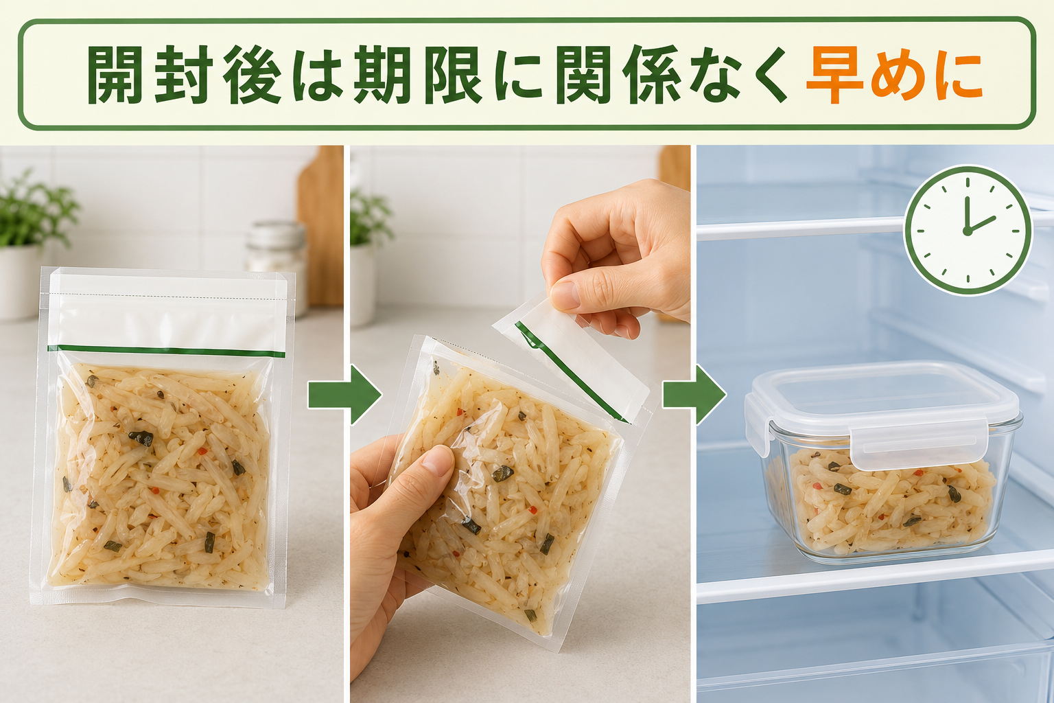 食品を開封した後は表示された期限に関係なく清潔な容器で保存して早めに食べる方法