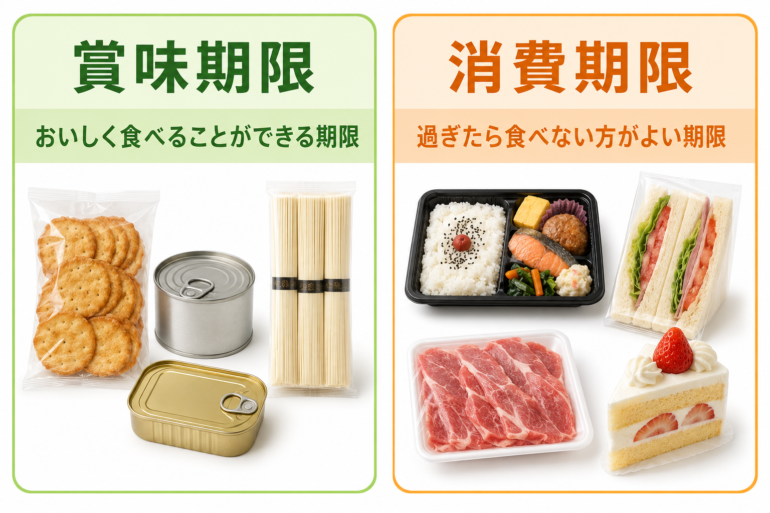 賞味期限はおいしく食べることができる期限、消費期限は過ぎたら食べない方がよい期限という違い