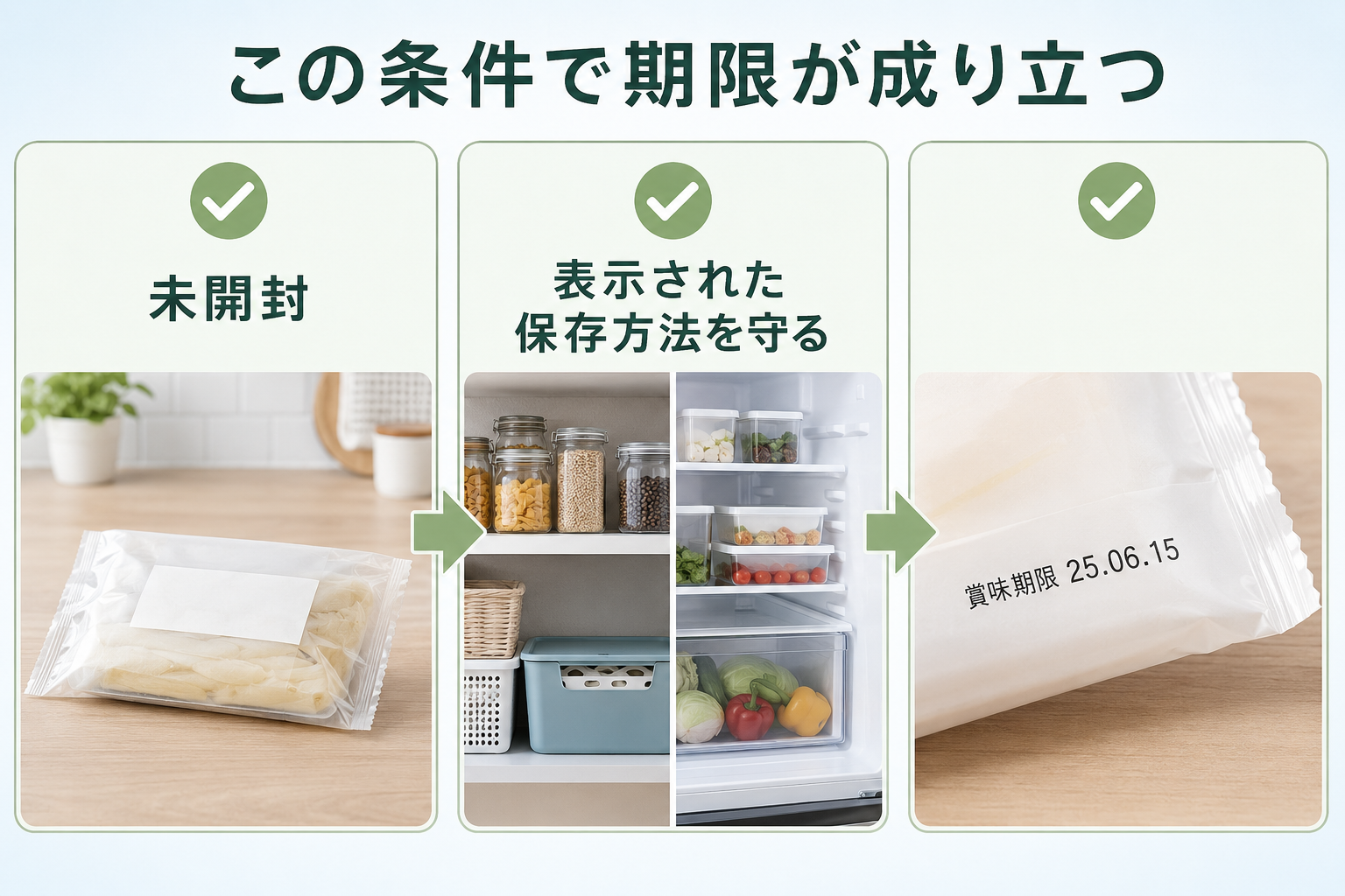 食品が未開封で表示された保存方法を守った場合に賞味期限や消費期限が成立することを示す条件