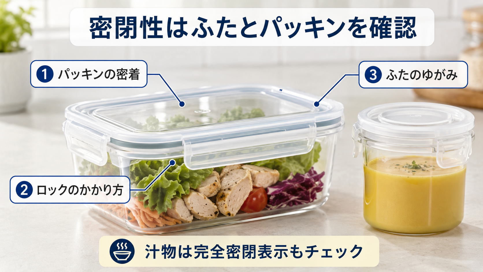 保存容器のふたとパッキンとロック部分の密閉性チェック