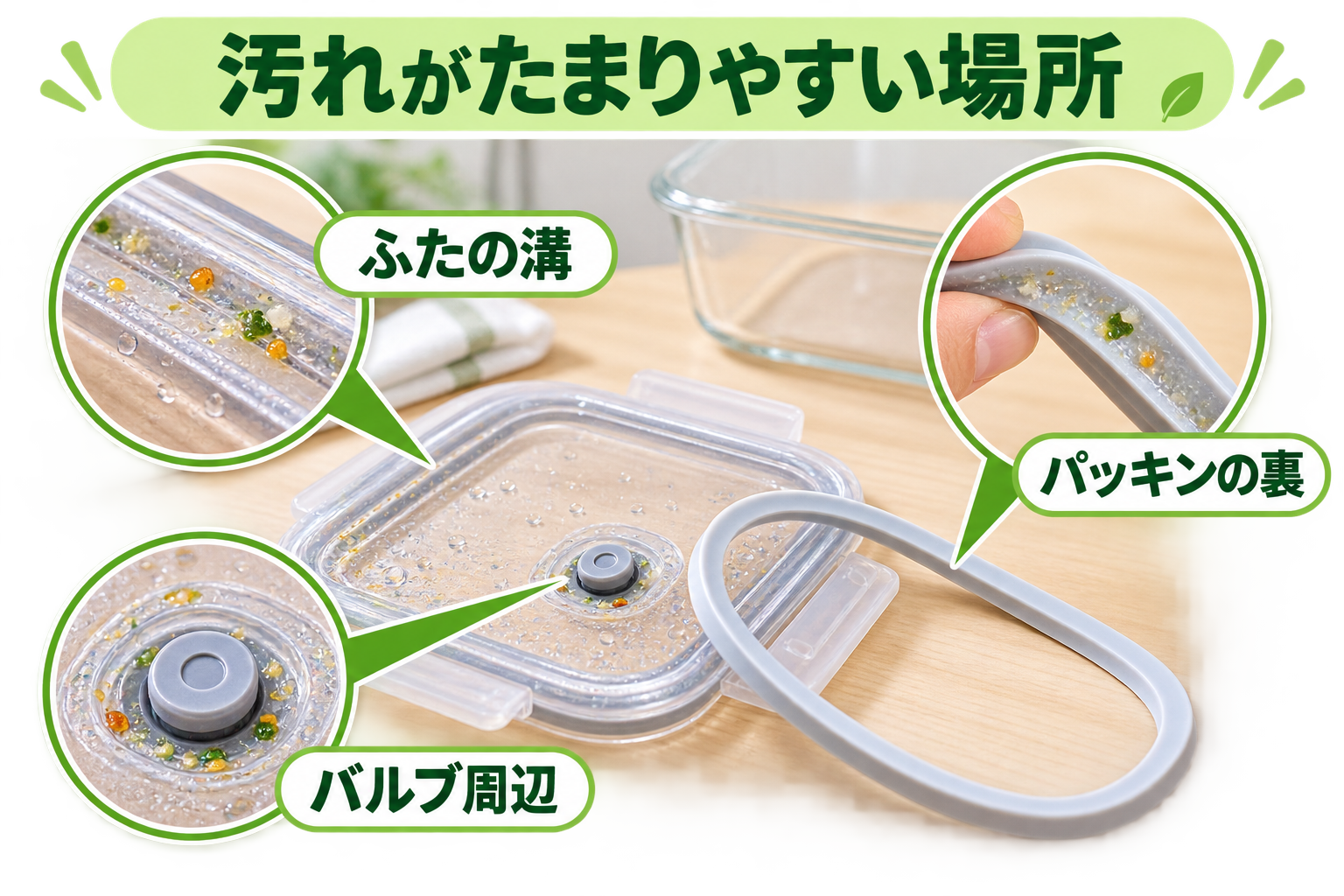 保存容器のふたやパッキンで汚れがたまりやすい場所