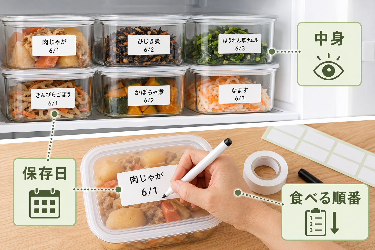 透明な保存容器へ中身と保存日と食べる順番をラベルで表示する方法