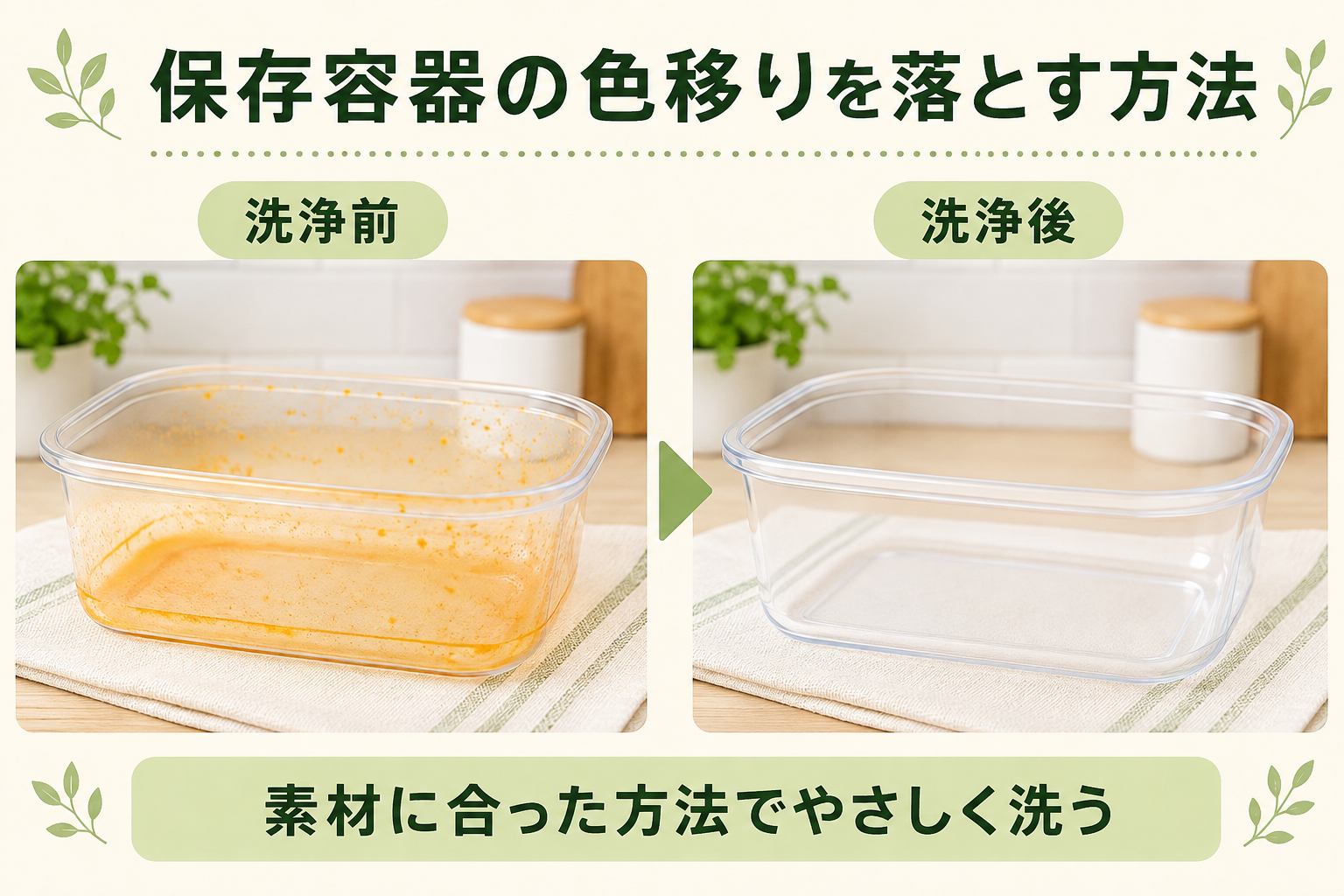 保存容器の色移りを洗浄する前と後の比較