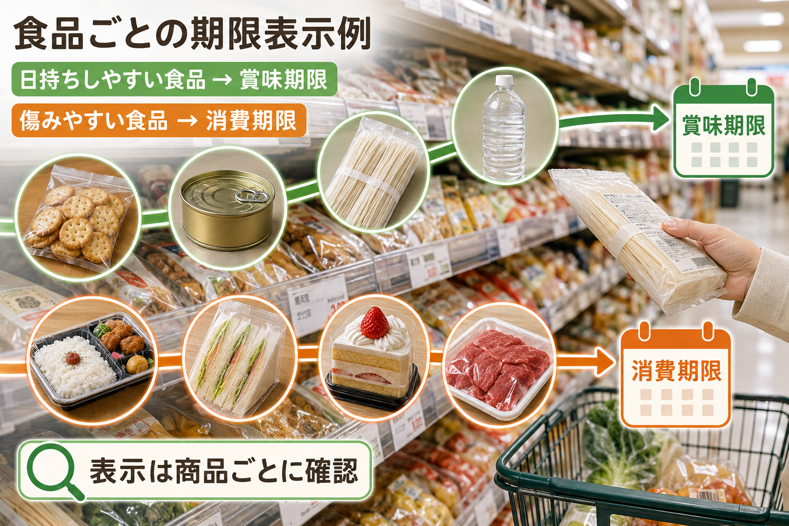 スーパーで食品ごとの賞味期限と消費期限の表示を確認する方法と食品例