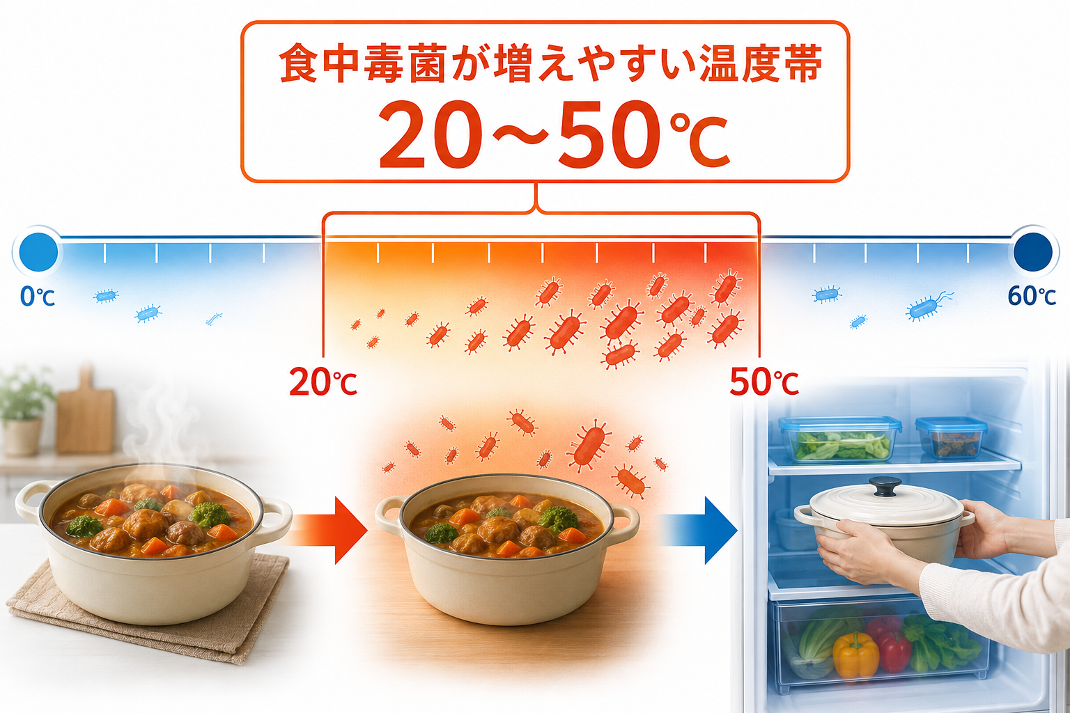 食中毒菌が増えやすいとされる20℃から50℃の温度帯