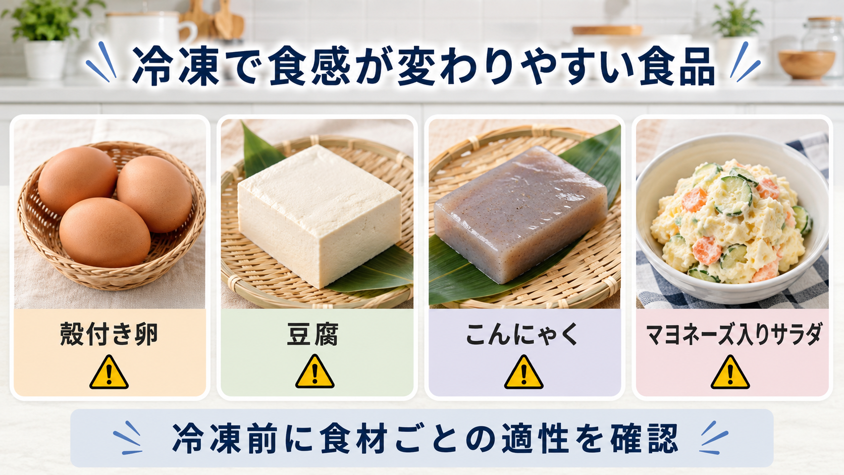 殻付き卵・豆腐・こんにゃく・マヨネーズ入りサラダなど冷凍で食感が変わりやすい食品