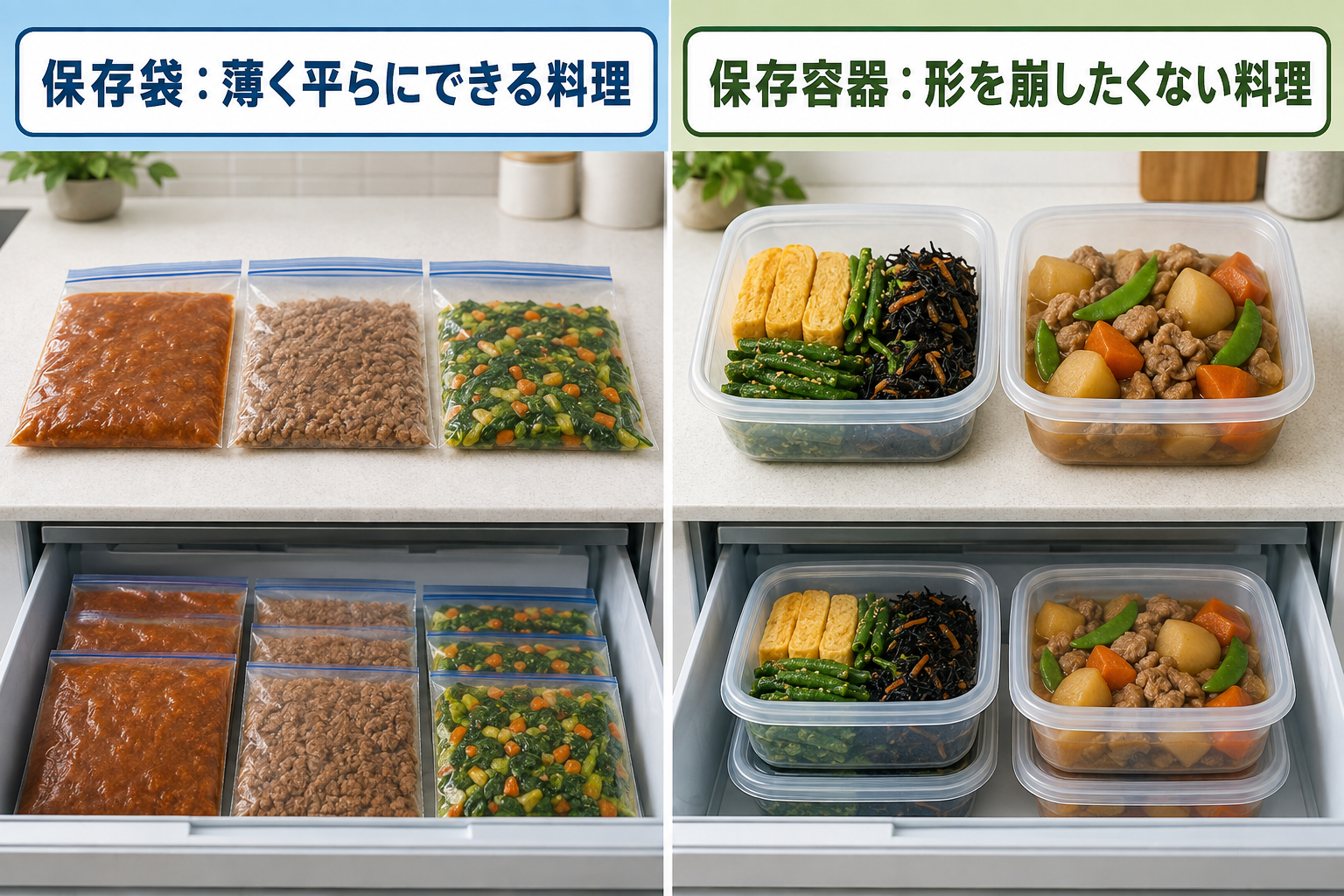 薄く平らにできる料理は冷凍用保存袋、形を崩したくない料理は保存容器を使用する方法