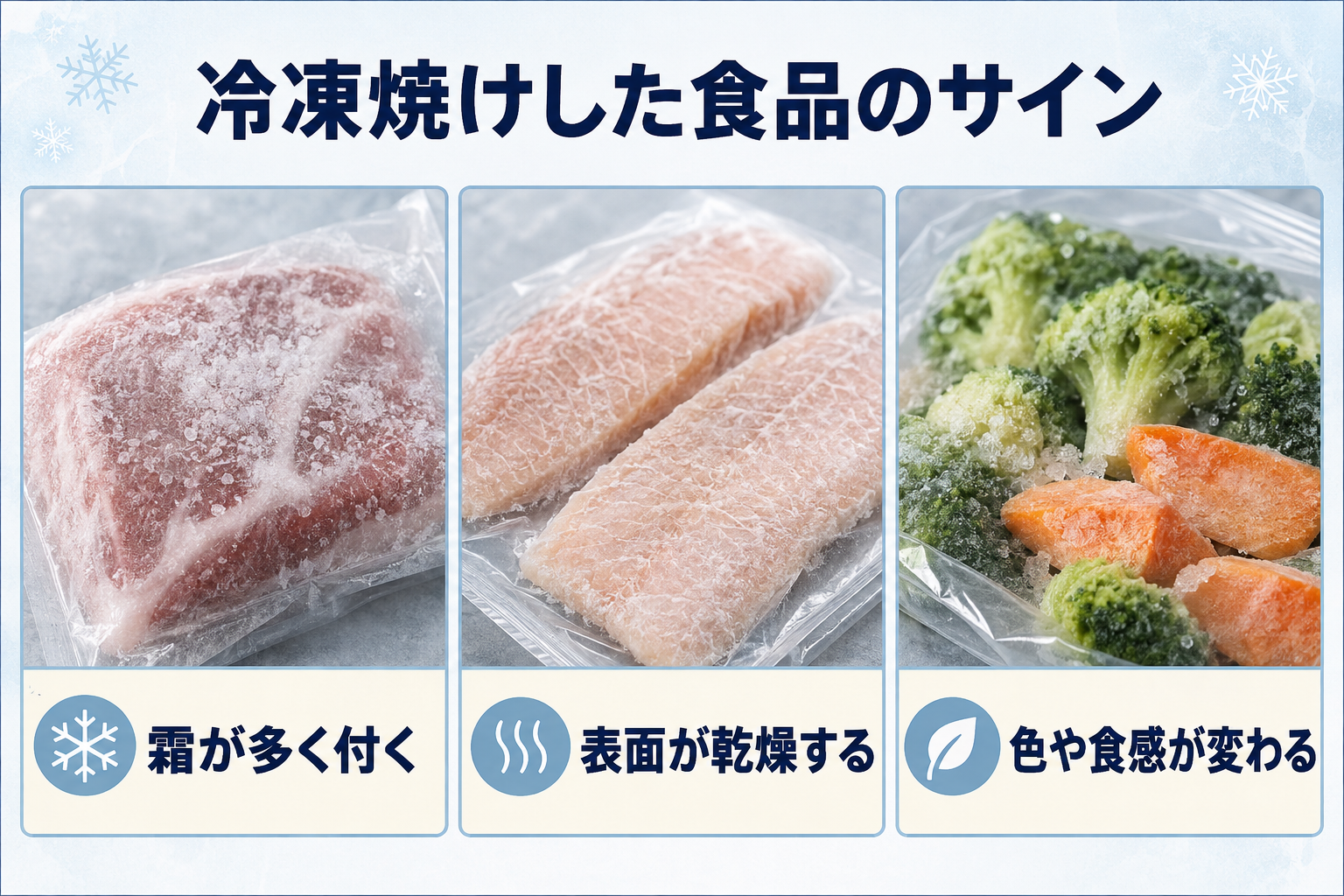 冷凍焼けした食品に見られる霜や乾燥や変色
