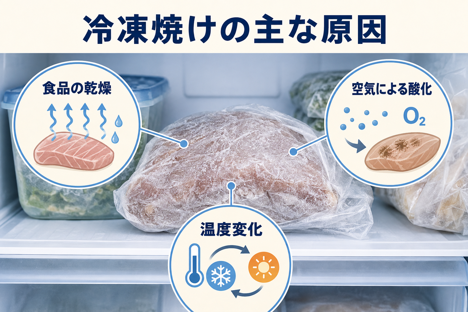 食品の乾燥と酸化と温度変化による冷凍焼けの原因