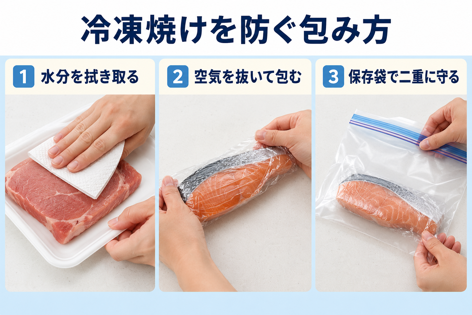 食品の水分と空気を減らして冷凍焼けを防ぐ包み方