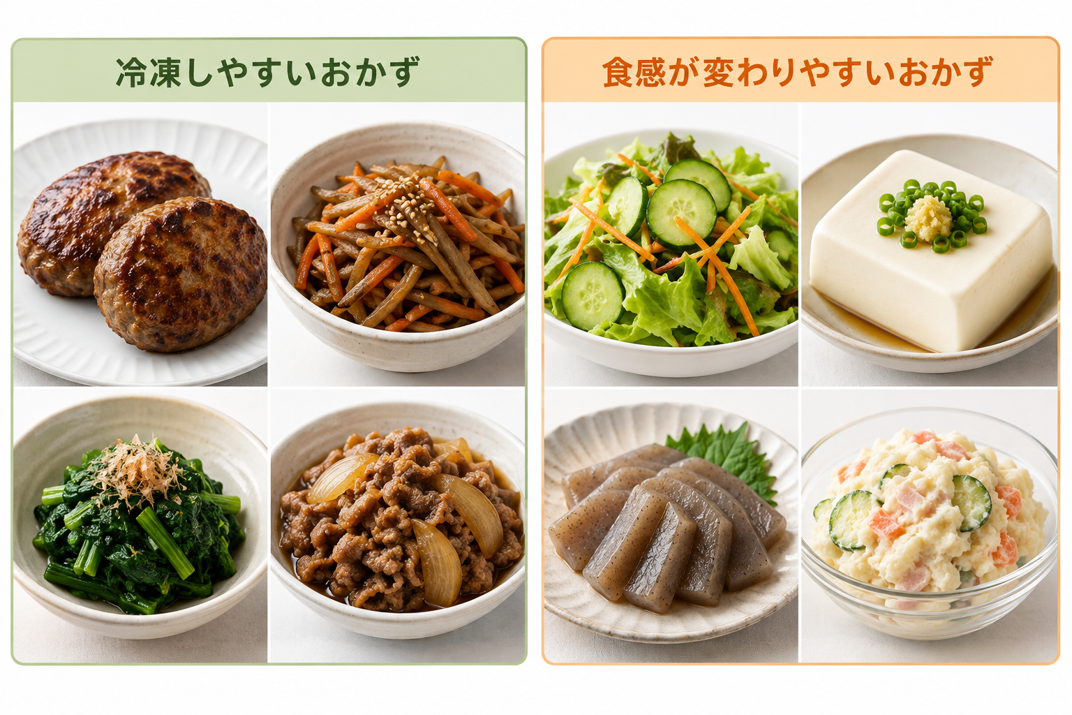冷凍しやすいハンバーグやきんぴらと食感が変わりやすい生野菜や豆腐などの比較