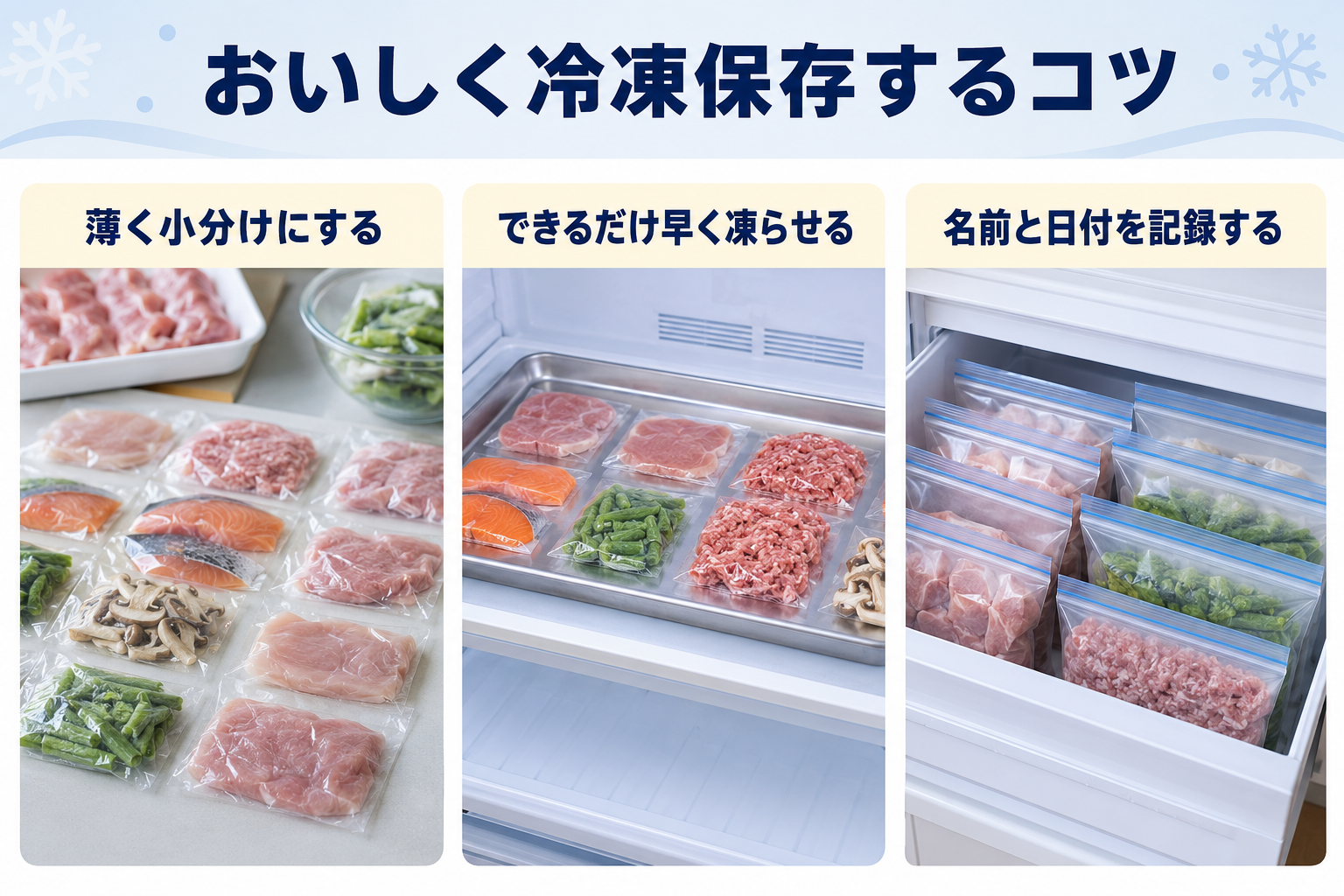 食品を小分けして素早く凍らせ日付を記録する方法