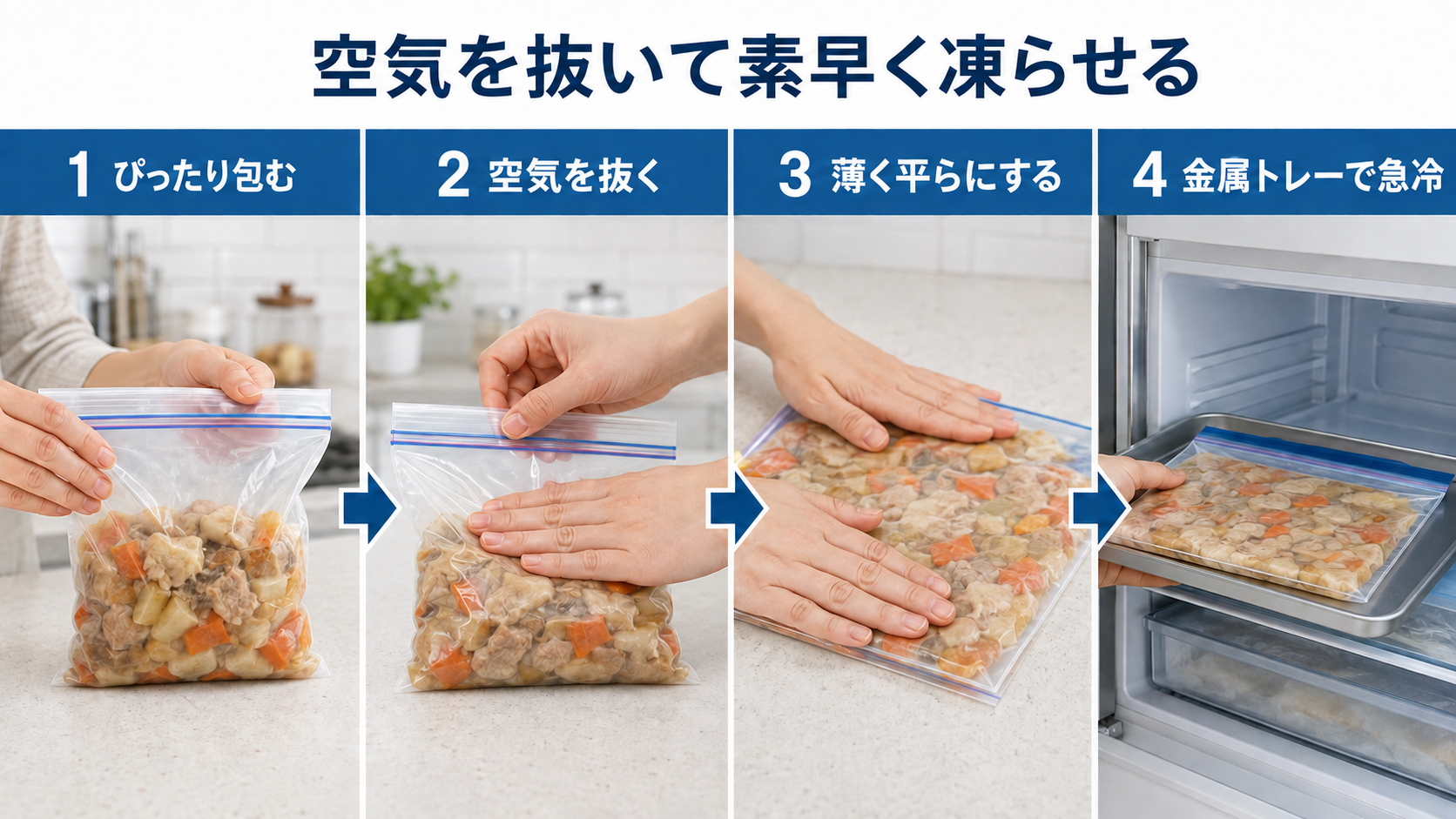 食品の空気を抜いて薄く平らにし金属トレーで素早く冷凍する方法