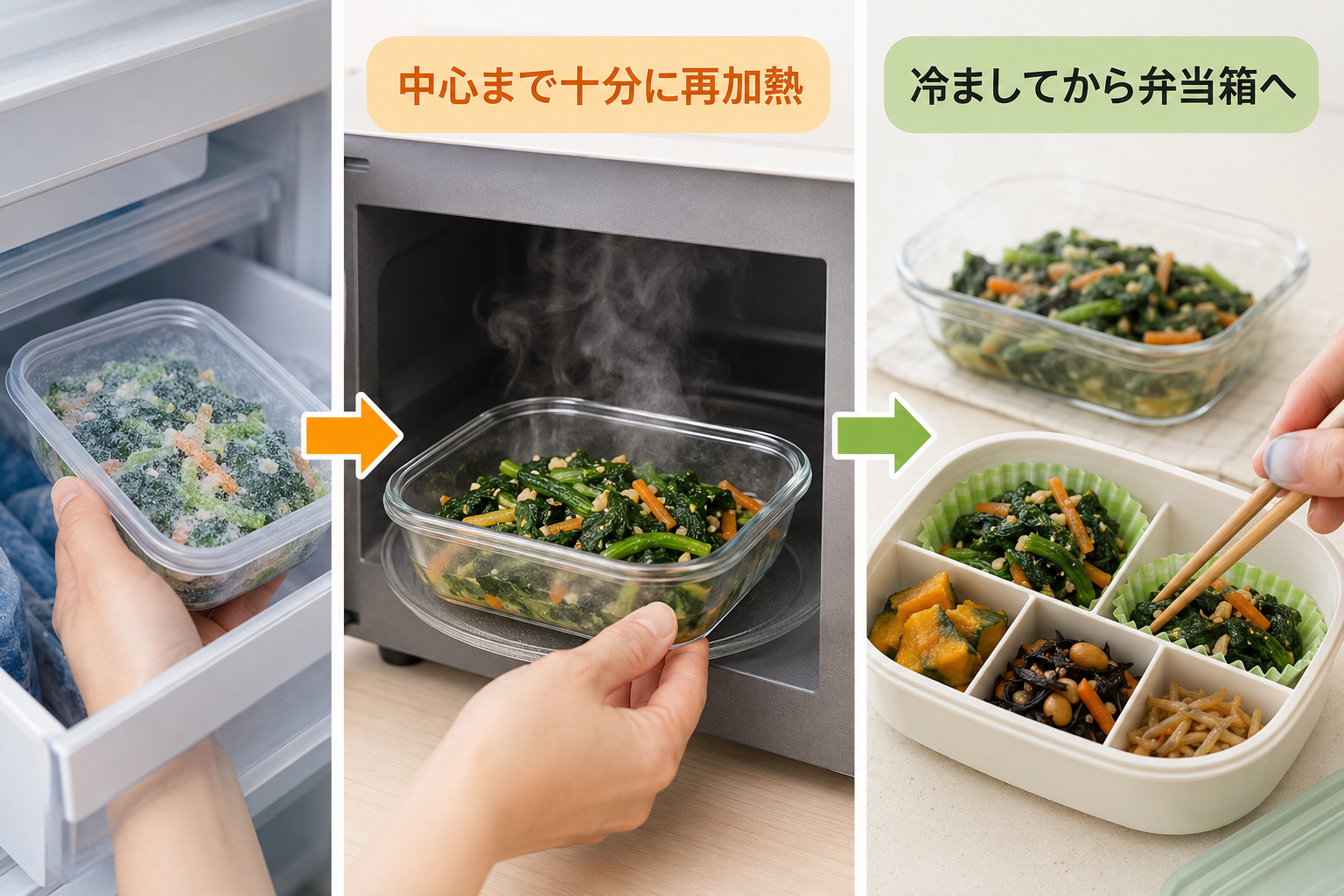 家庭で冷凍した作り置きおかずを中心まで再加熱し十分に冷ましてから弁当箱へ詰める方法