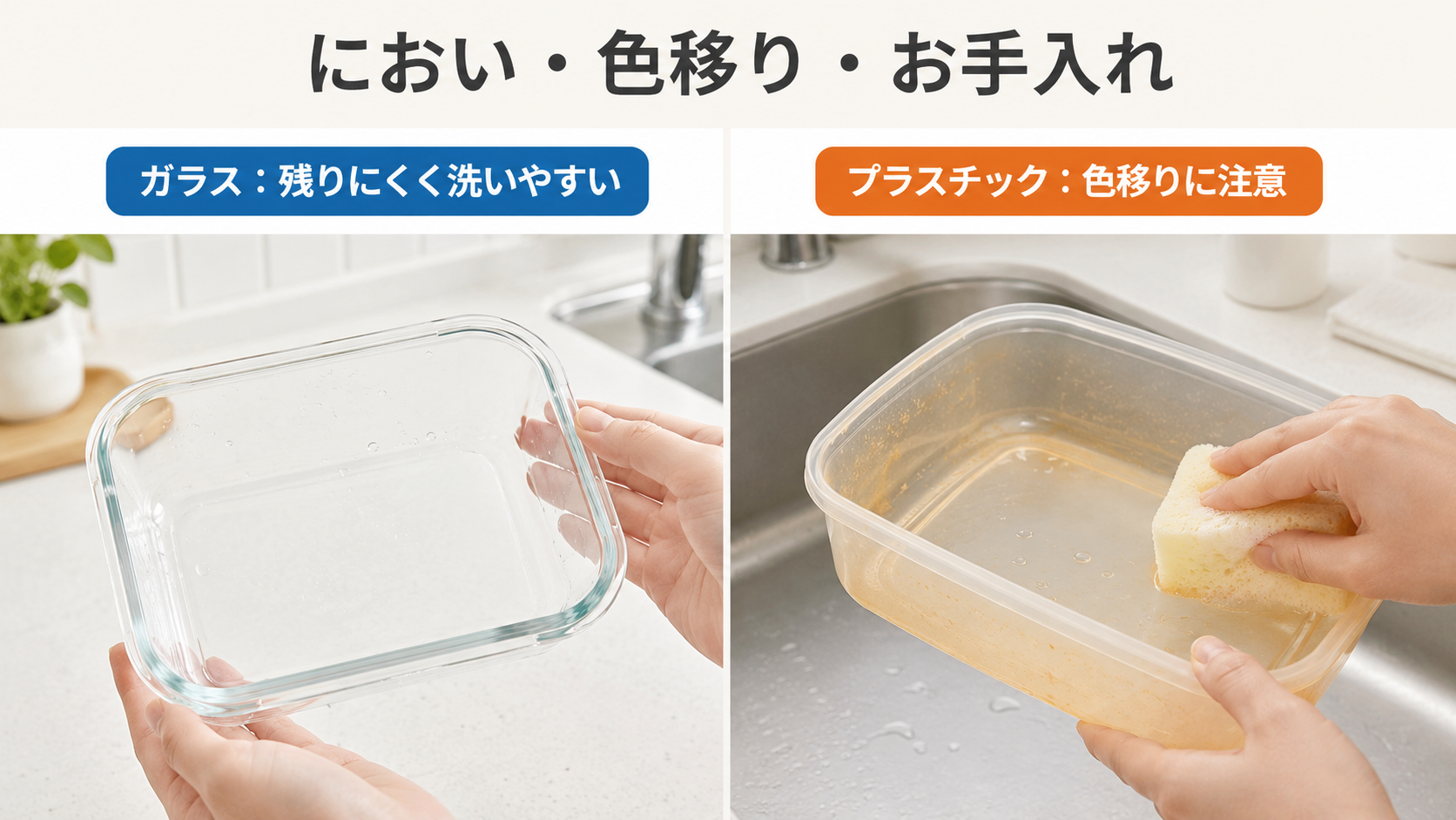 保存容器のにおいと色移りと洗いやすさの比較