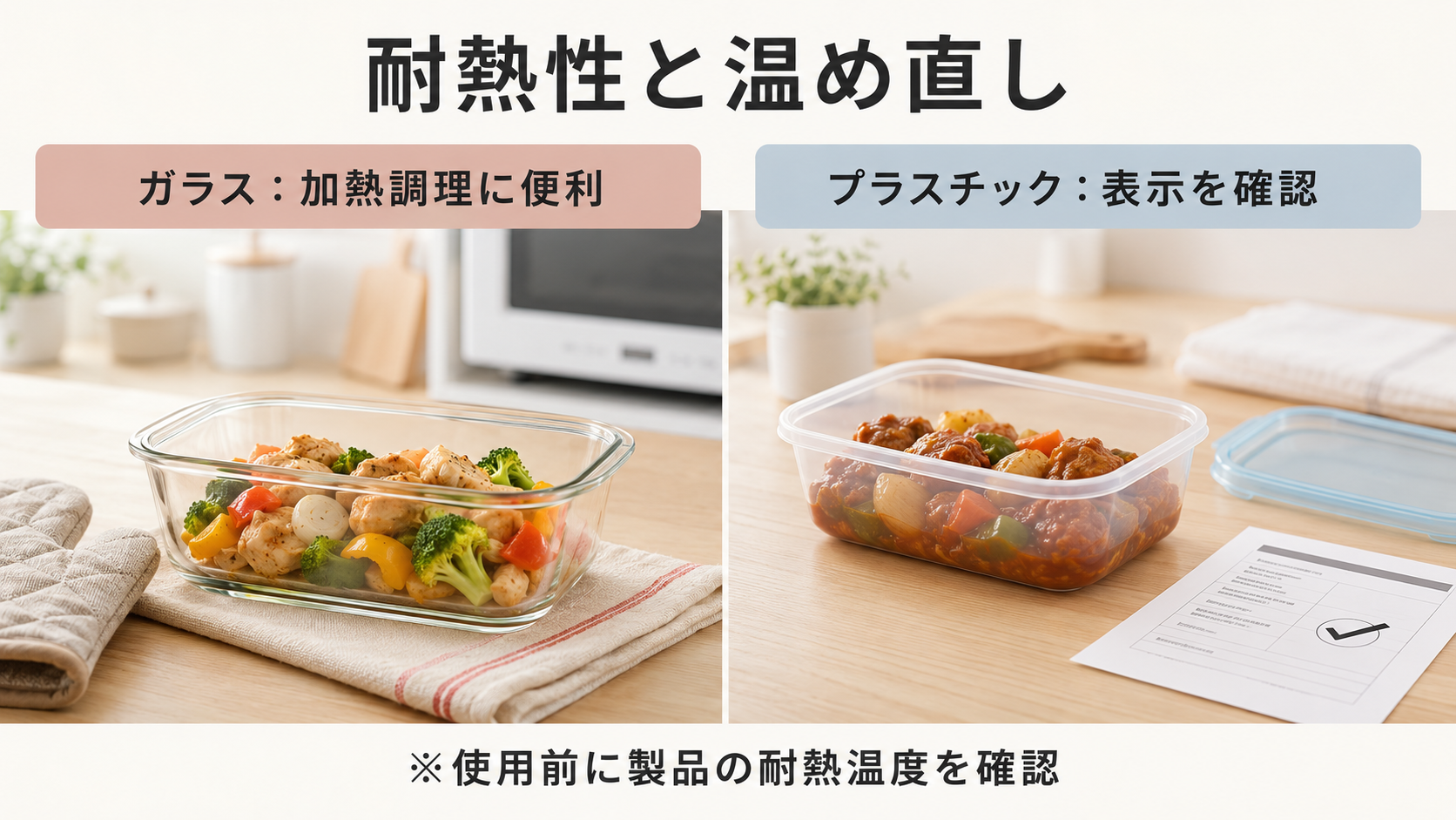ガラス製とプラスチック製保存容器の耐熱性と温め直しの比較