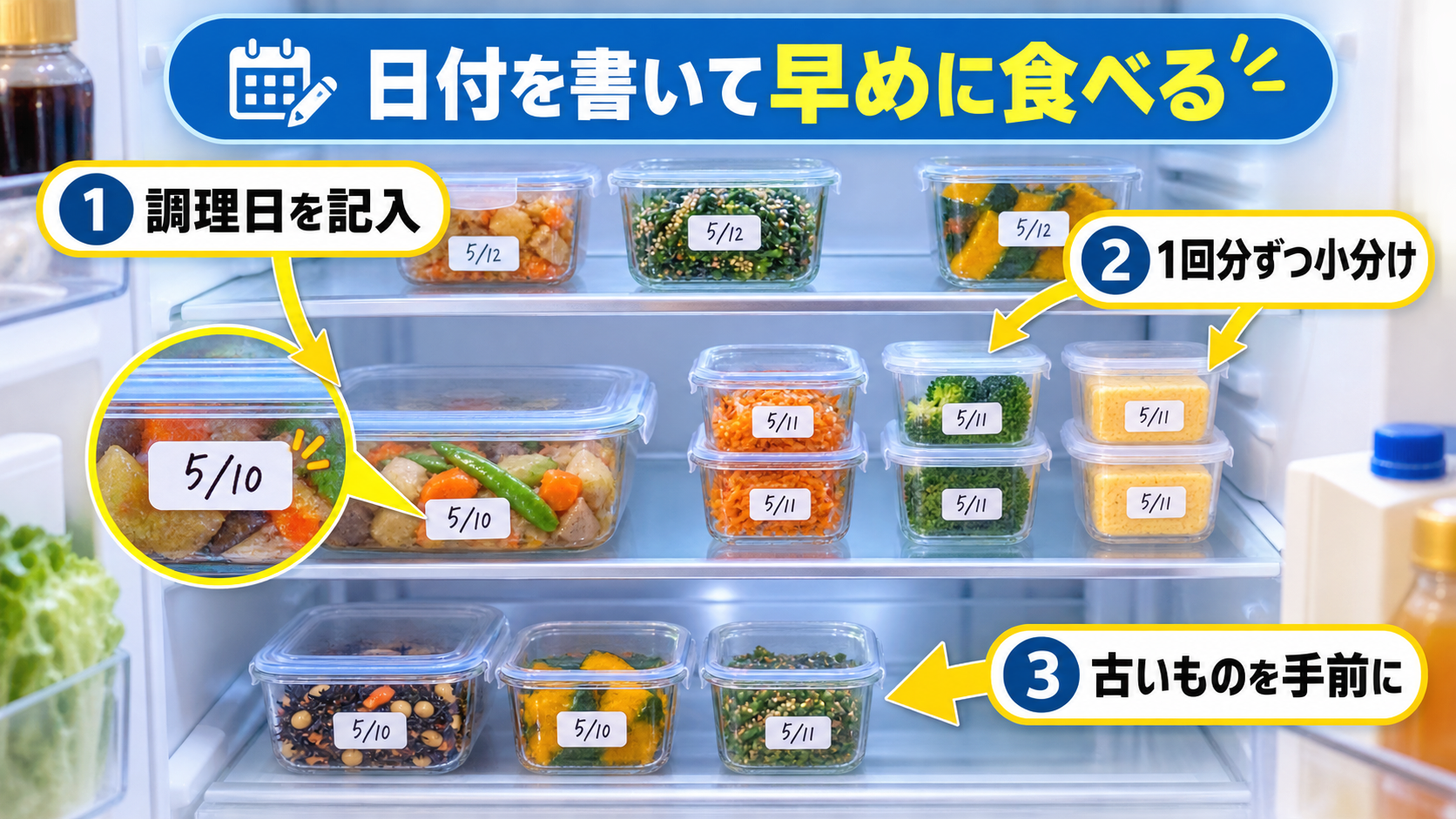 作り置き料理を小分けして調理日を記入し冷蔵庫で管理