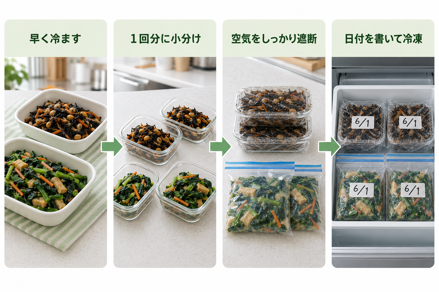 作り置きおかずを素早く冷まし一回分に小分けして空気を遮断し日付を書いて冷凍する手順