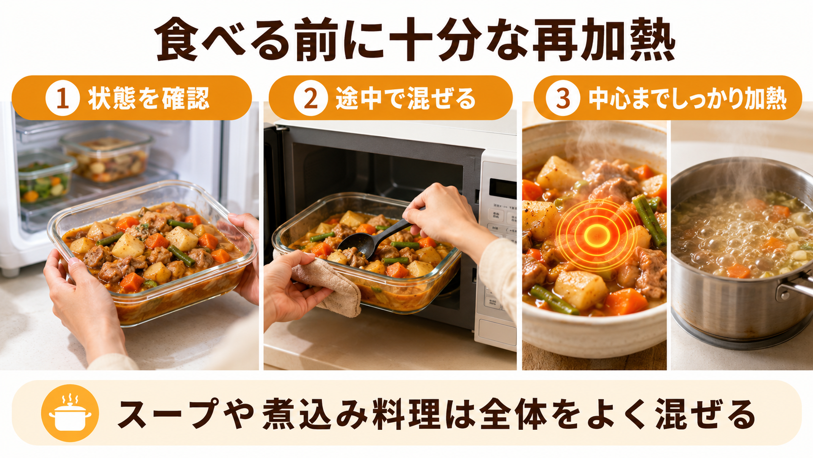 冷蔵した作り置き料理を食べる前に中心まで十分に再加熱