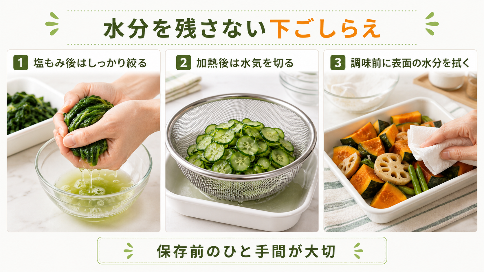 作り置きおかずの水分を残さない下ごしらえ