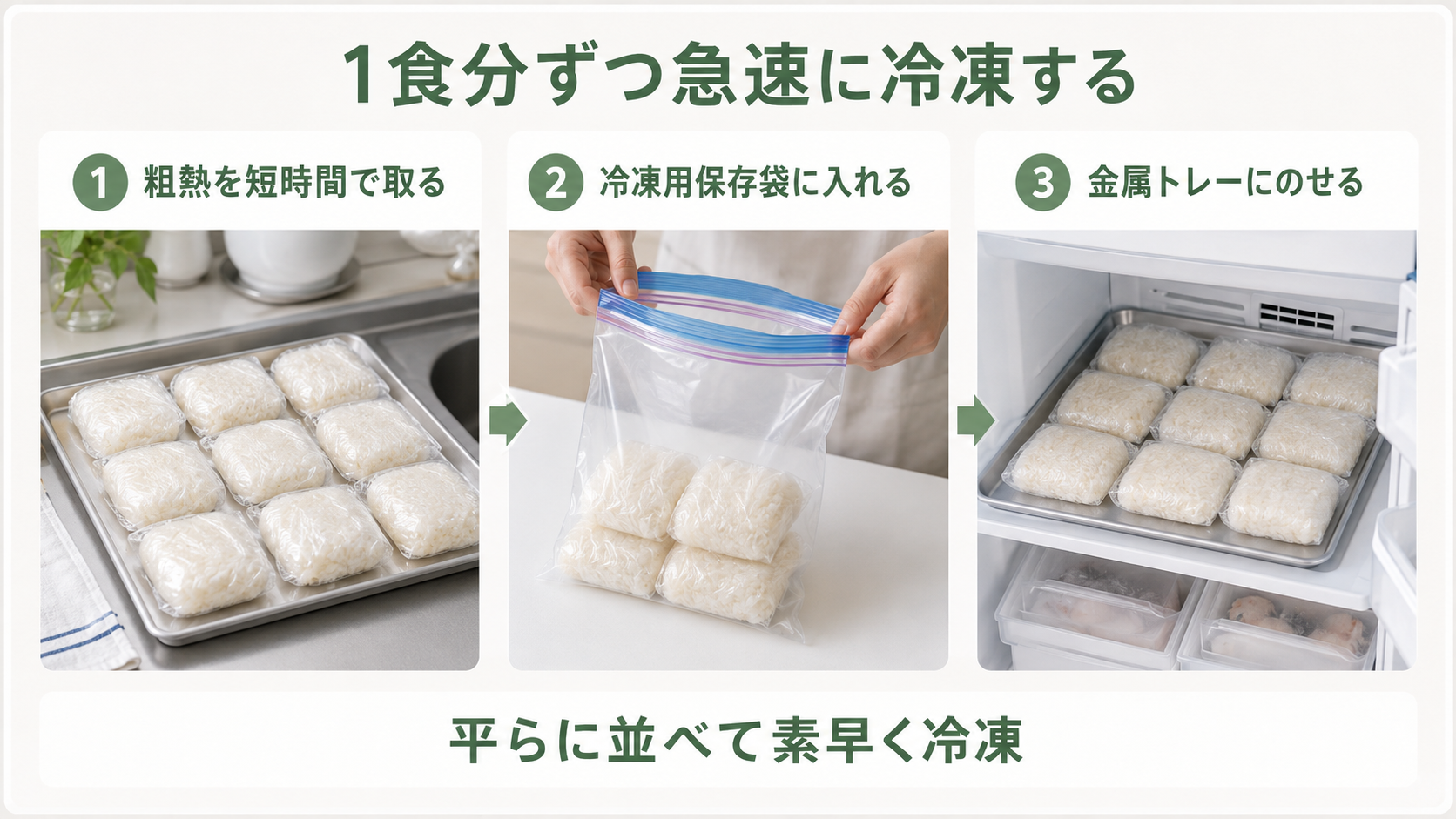 ご飯を1食分ずつ素早く冷凍する手順