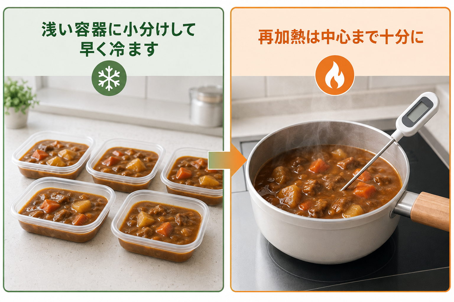 調理した料理を浅い容器に小分けして素早く冷まし食べる前に中心まで十分に再加熱する方法