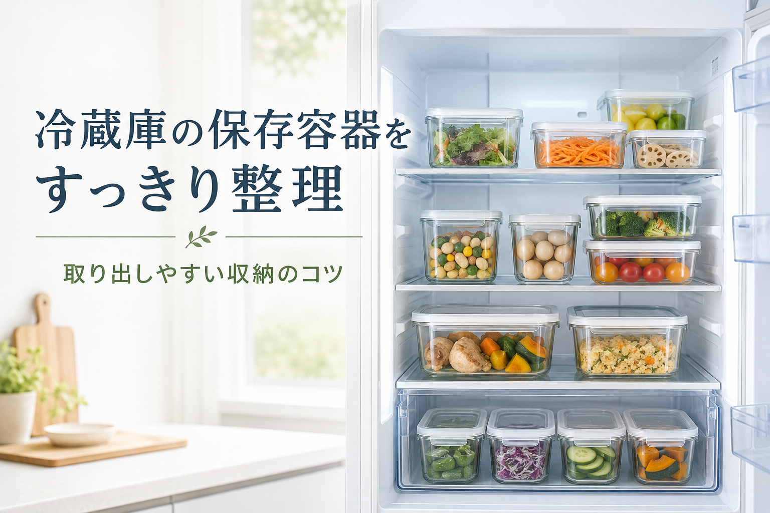 保存容器を種類やサイズ別に整理したキッチン収納