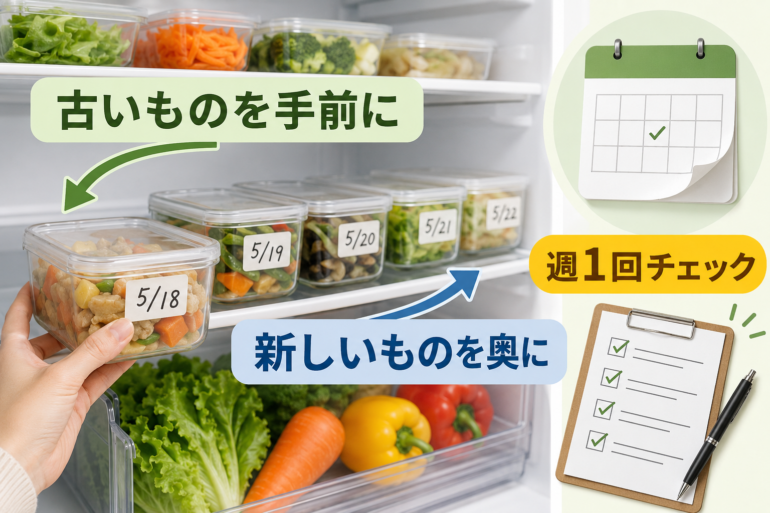 冷蔵庫で古い保存容器を手前に新しい保存容器を奥に置き週1回確認する方法