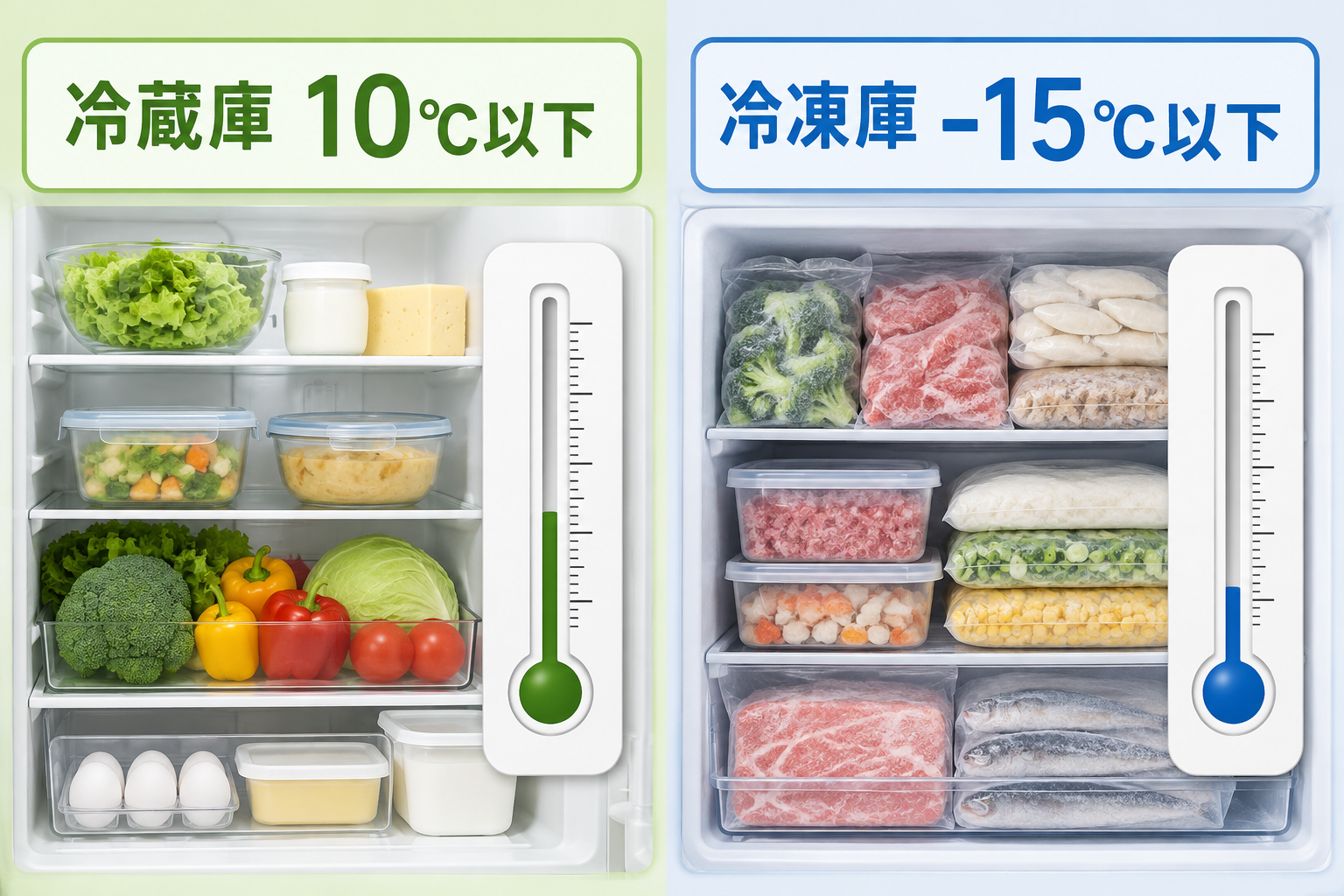 冷蔵庫は10℃以下、冷凍庫はマイナス15℃以下に保つ温度管理の目安