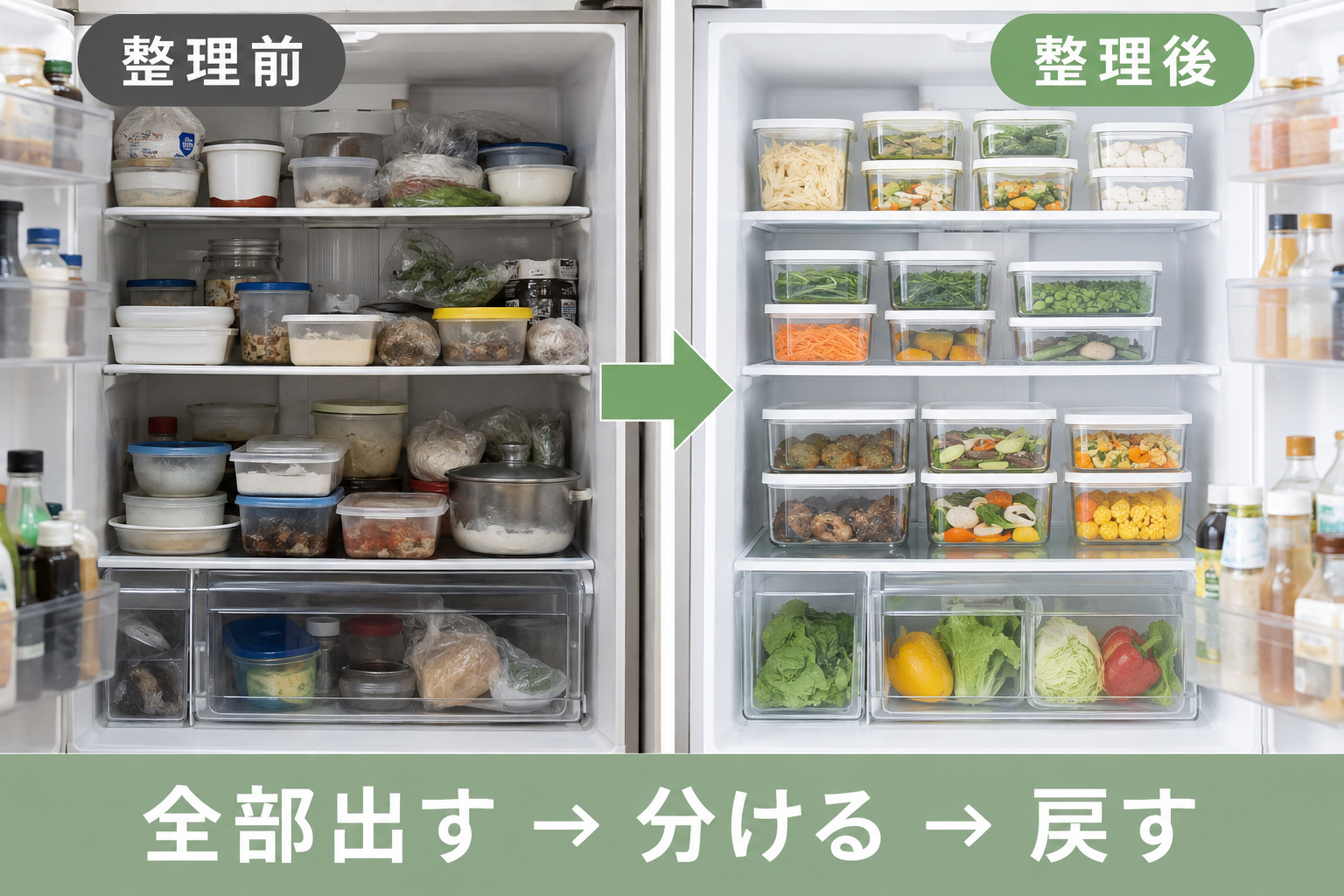 冷蔵庫の中身を全部出して分類し透明な保存容器で整理する前後の比較