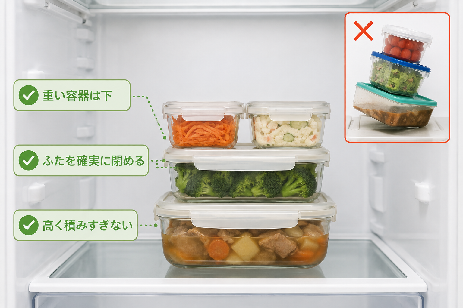 冷蔵庫で重い保存容器を下に置きふたを確実に閉めて高く積みすぎない方法