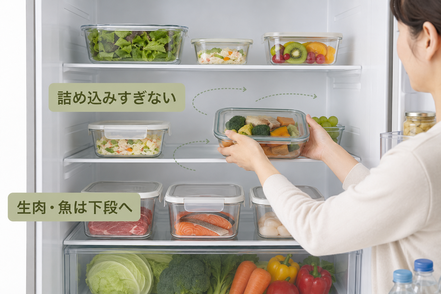 冷蔵庫へ食品を詰め込みすぎず生肉と魚を密閉容器に入れて下段で保存する方法