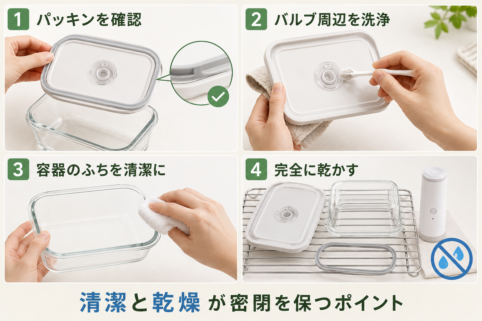 真空保存容器のパッキンとバルブを洗浄して乾燥する方法
