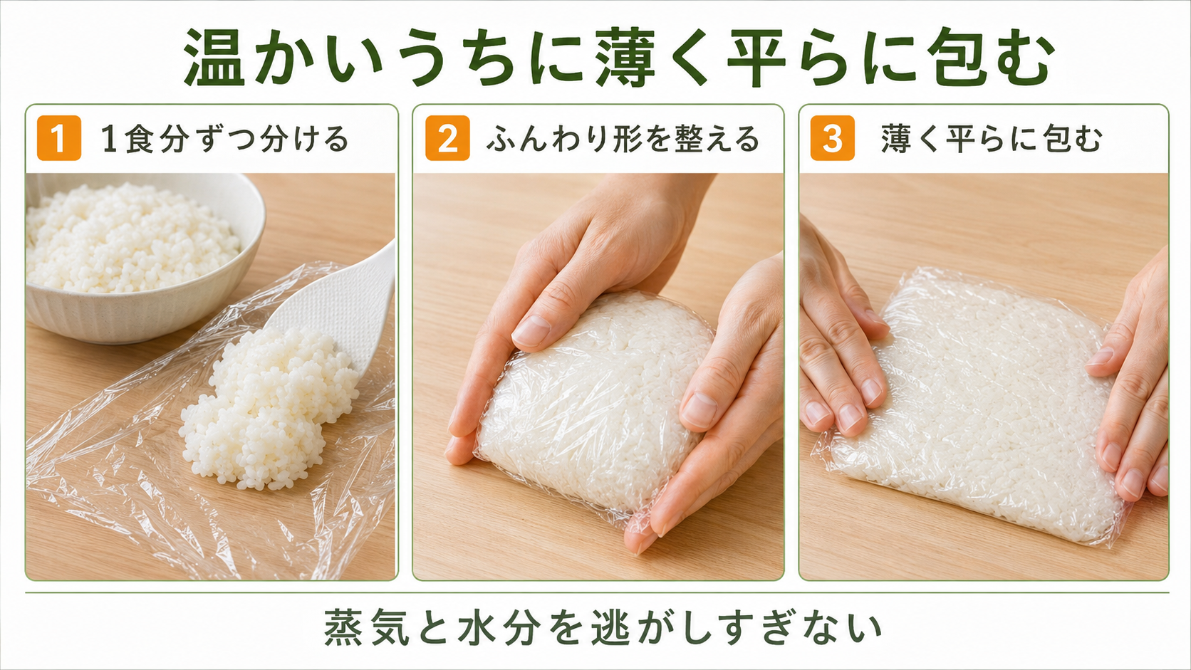 温かいご飯を1食分ずつ薄く平らに包む方法