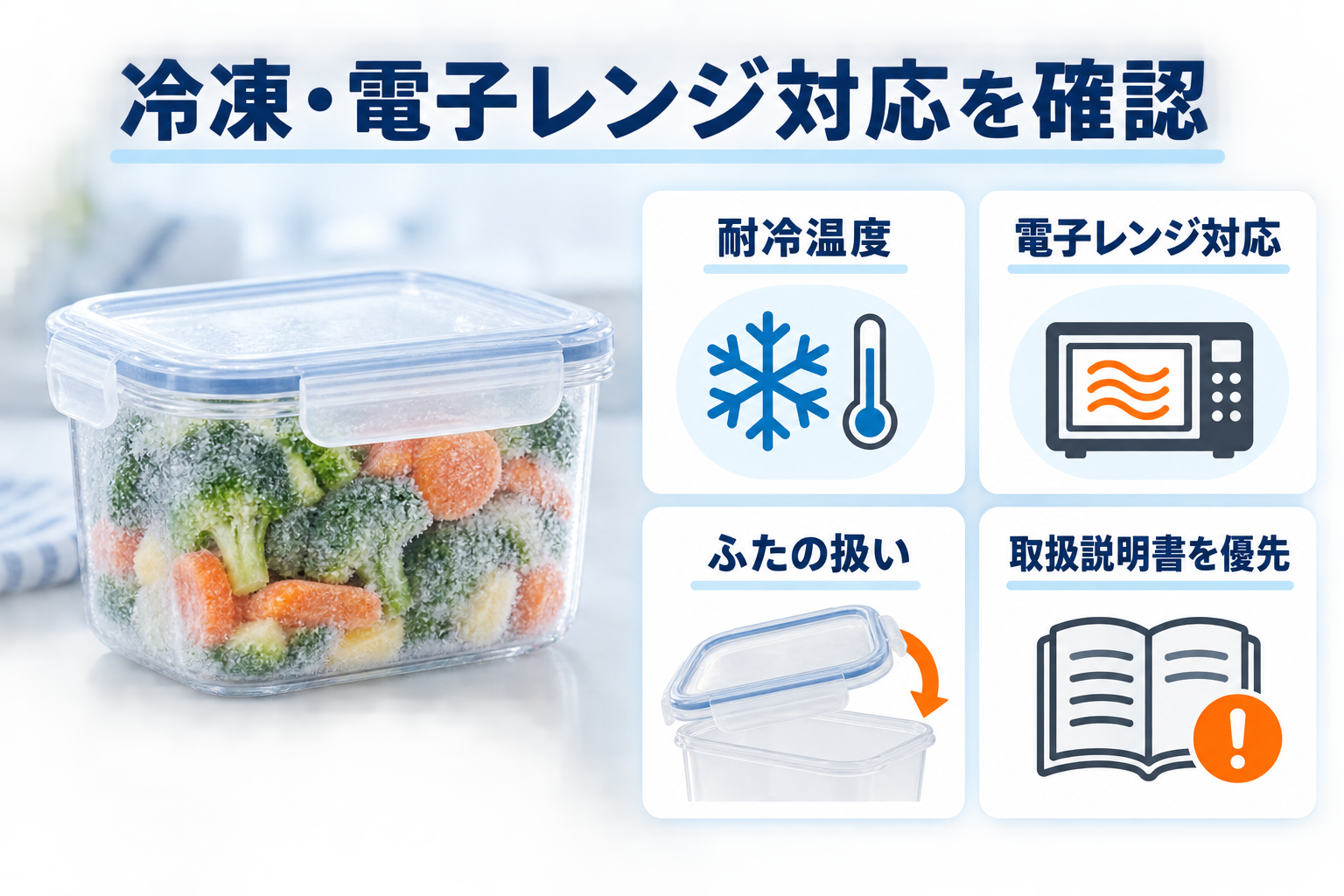 冷凍保存容器の耐冷温度と電子レンジ対応表示を確認するポイント