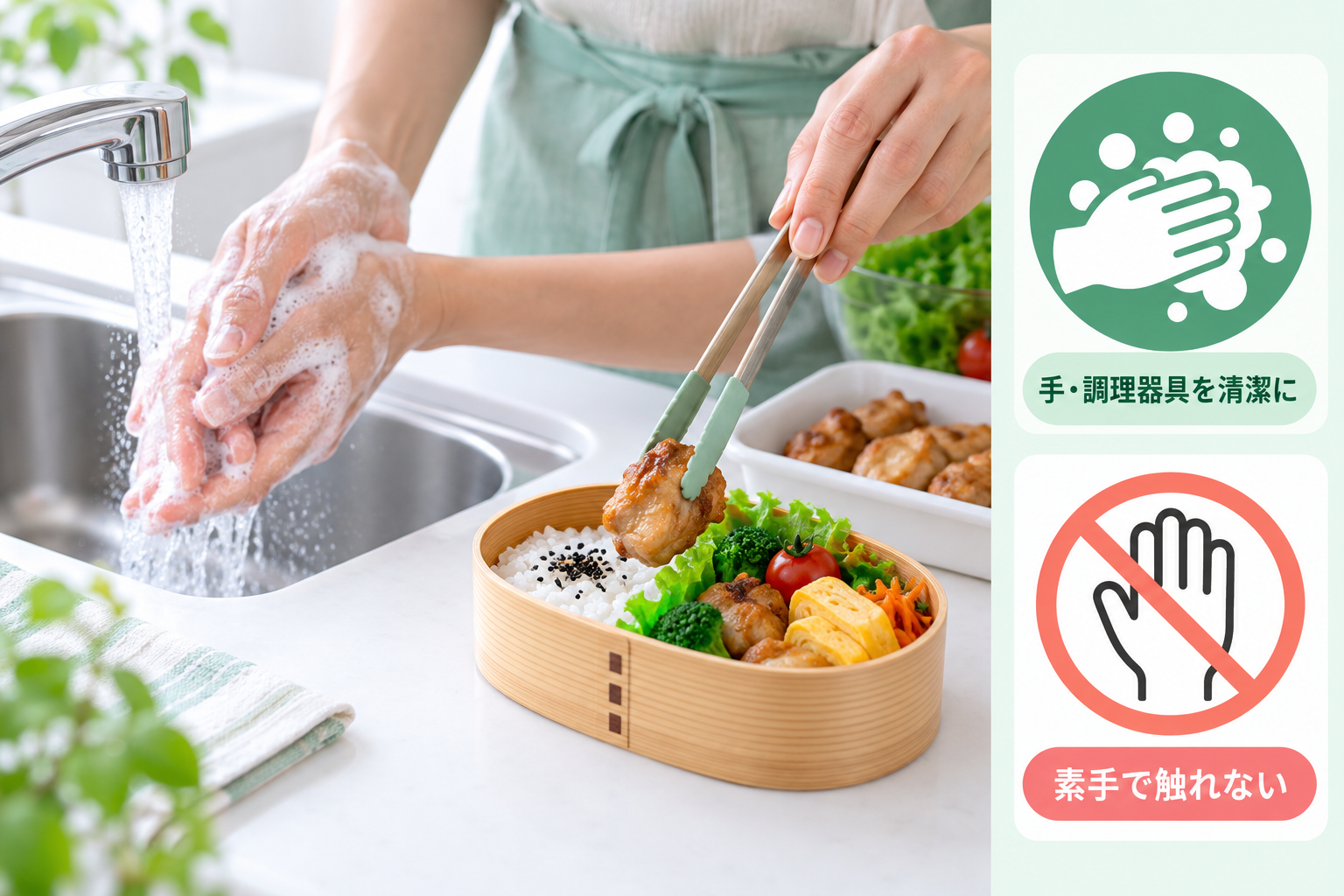 清潔な手と調理器具でお弁当を詰めるポイント