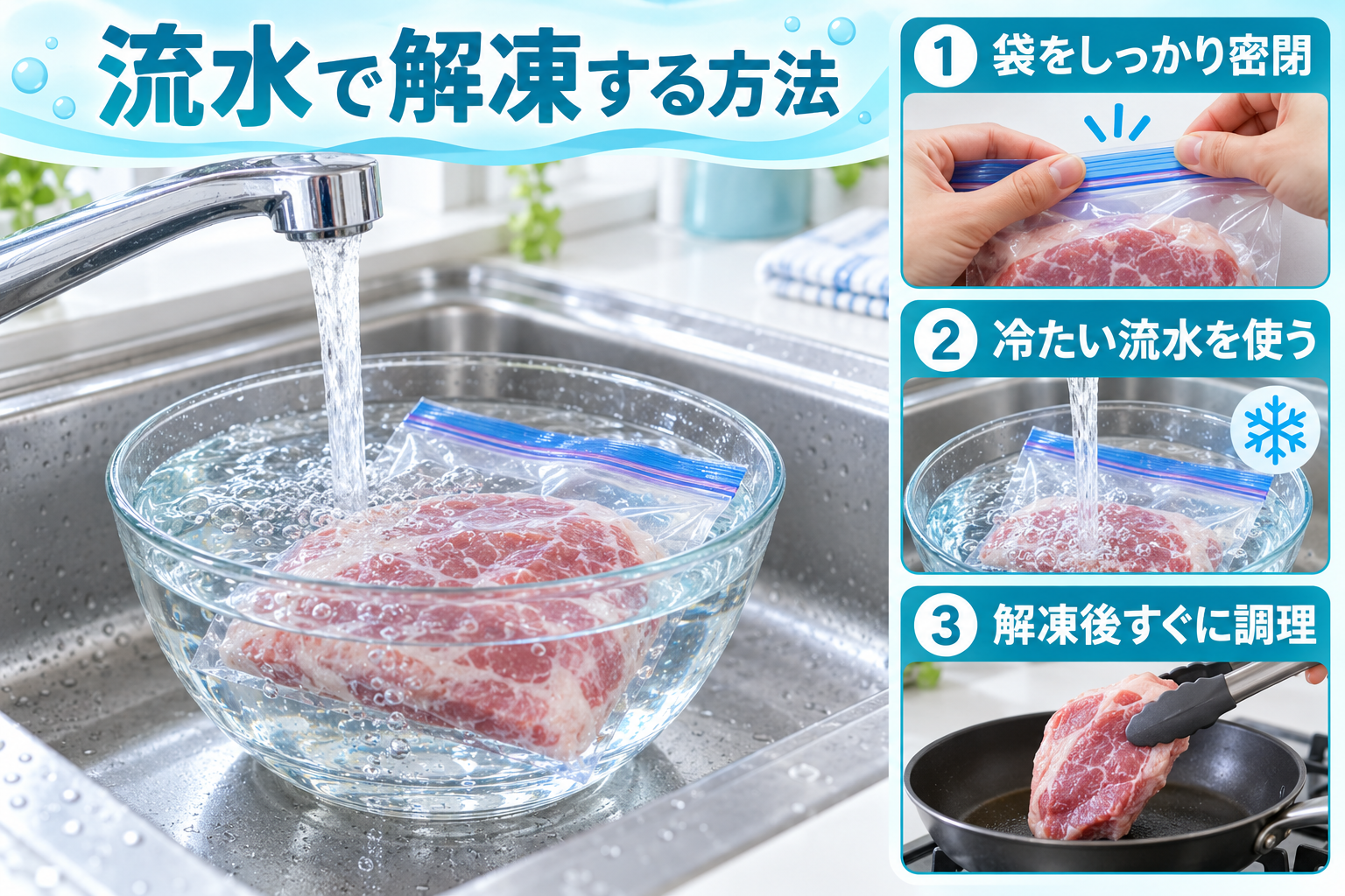 密閉した保存袋に入れた食品を冷たい流水で解凍する方法