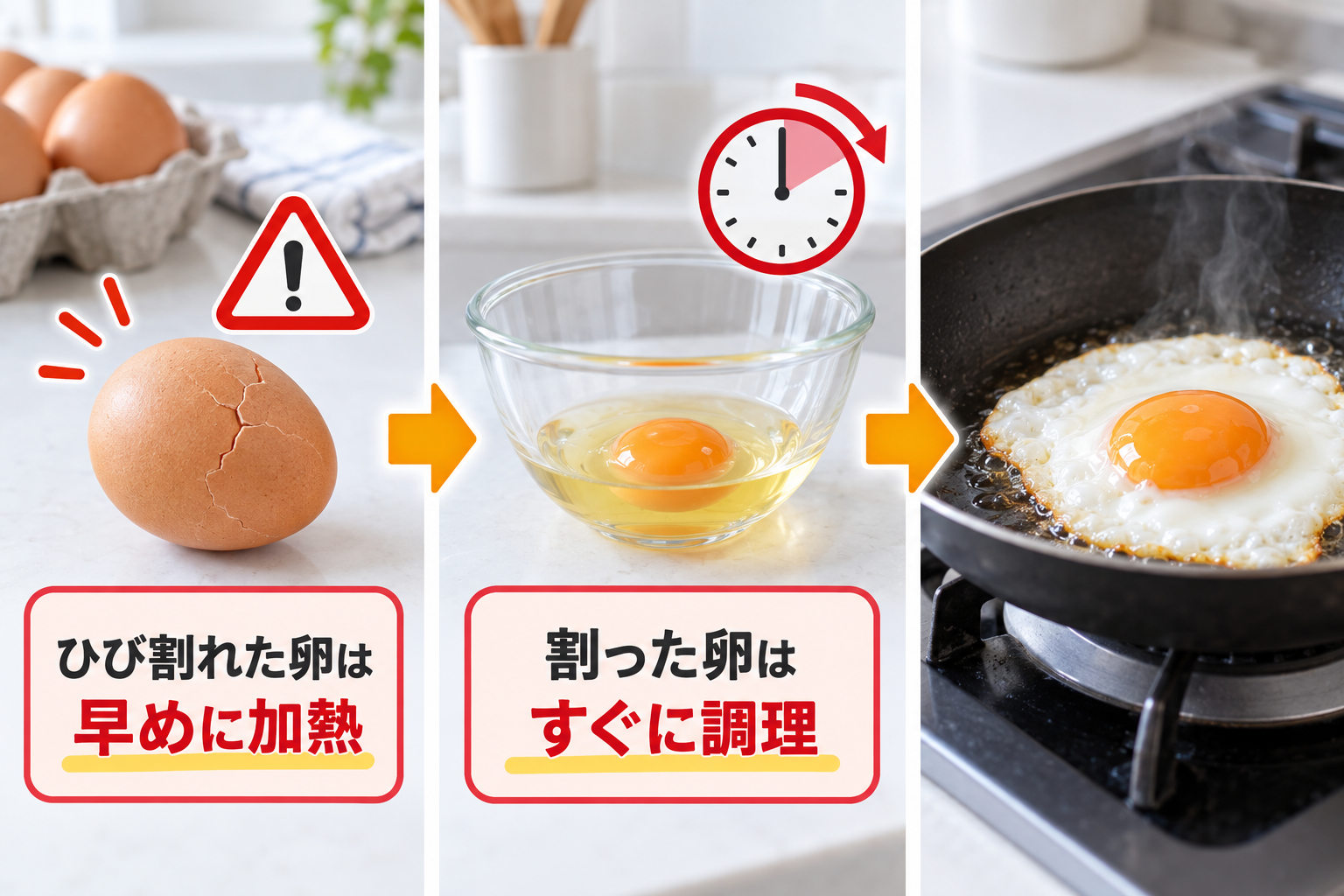ひび割れた卵と割った卵を早めに加熱調理する方法