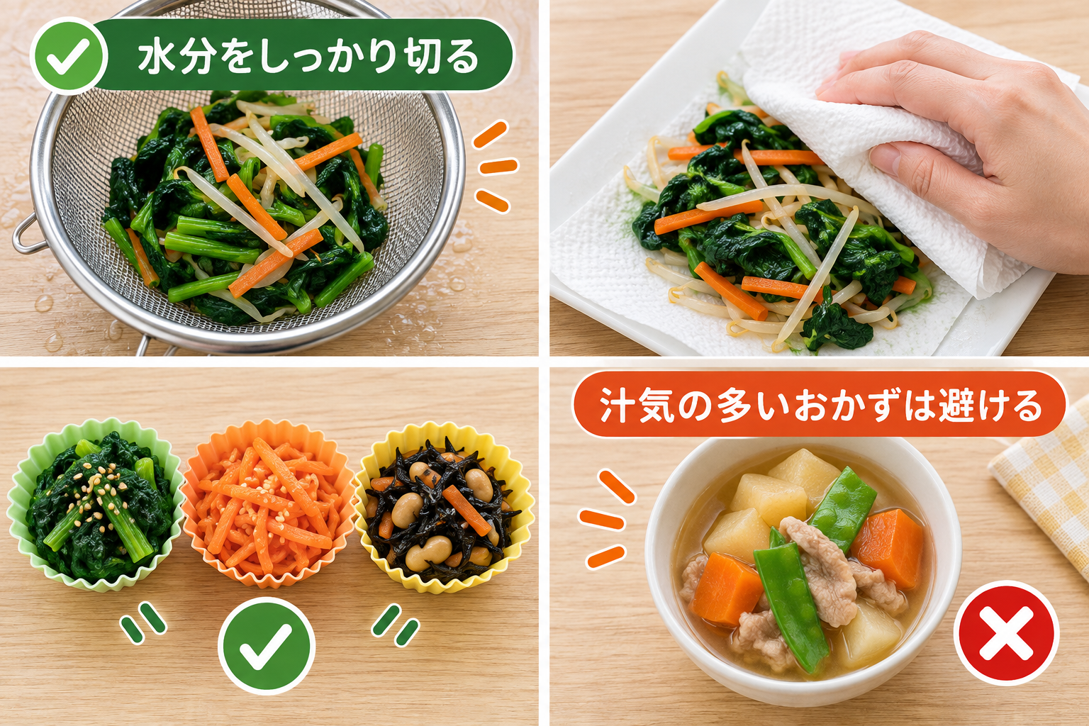 お弁当のおかずの水分と汁気をしっかり切る方法