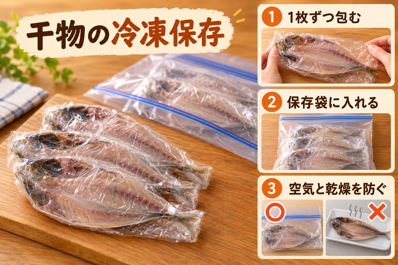 干物を1枚ずつ包み保存袋へ入れて冷凍する方法