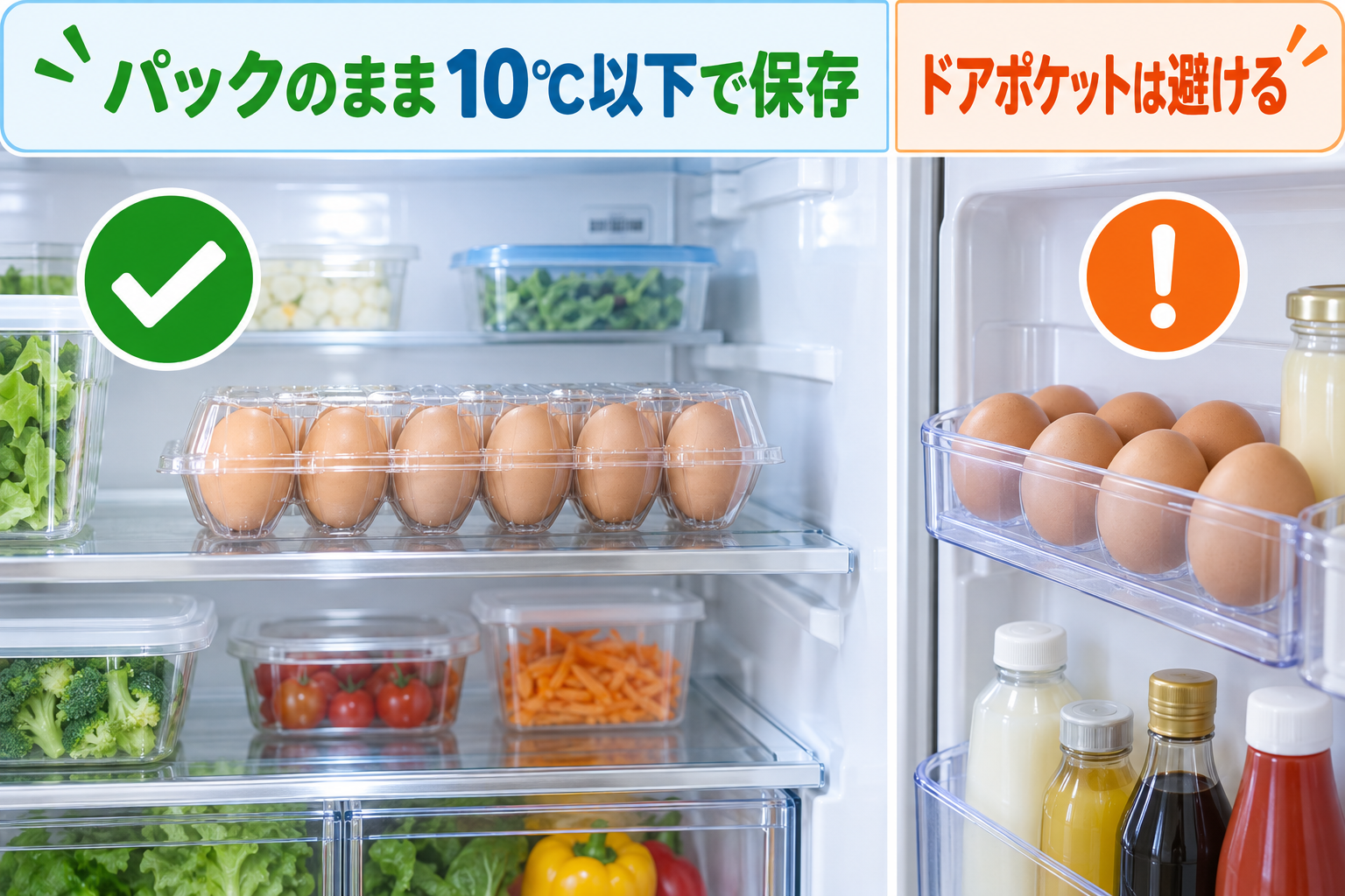 卵をパックのまま冷蔵庫の棚で10℃以下に保存する方法