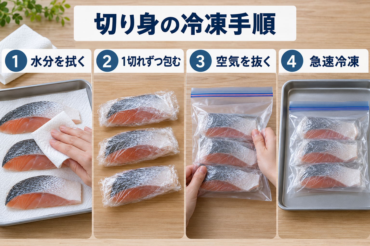 魚の切り身の水分を拭き小分けして冷凍保存する手順