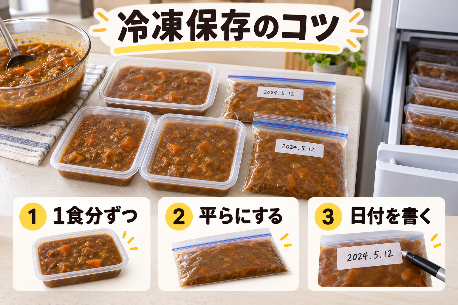 カレーを一食分ずつ平らにして日付を付ける冷凍保存のコツ