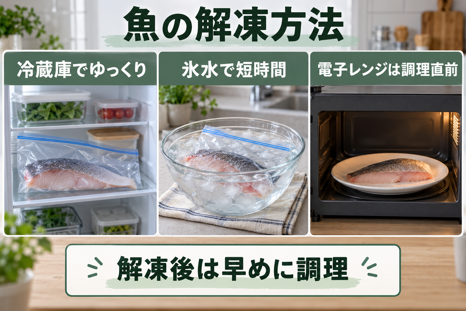 冷蔵庫と氷水と電子レンジを使った冷凍魚の解凍方法