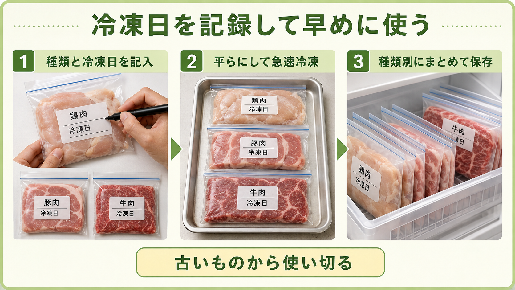 冷凍した肉の日付記録と冷凍庫での保存方法