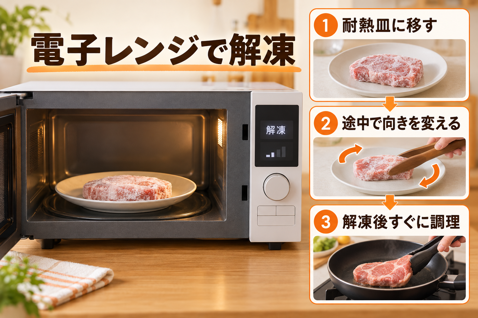 冷凍食品を耐熱皿へ移して電子レンジで解凍する手順