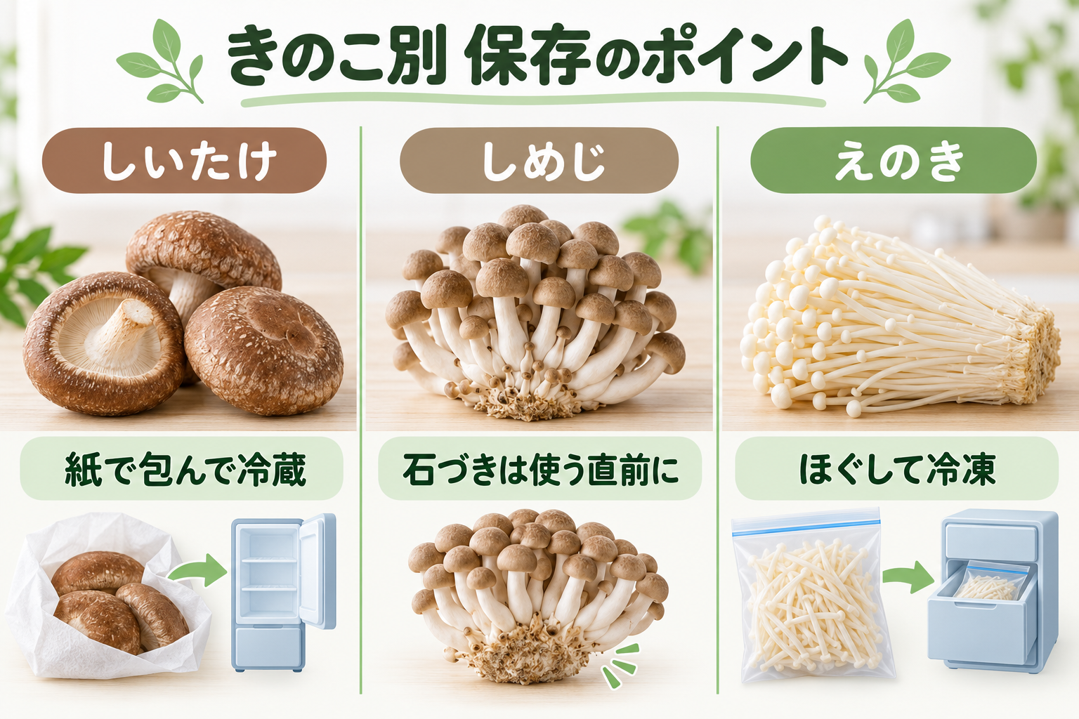 しいたけ・しめじ・えのきの保存方法を種類別に比較した一覧