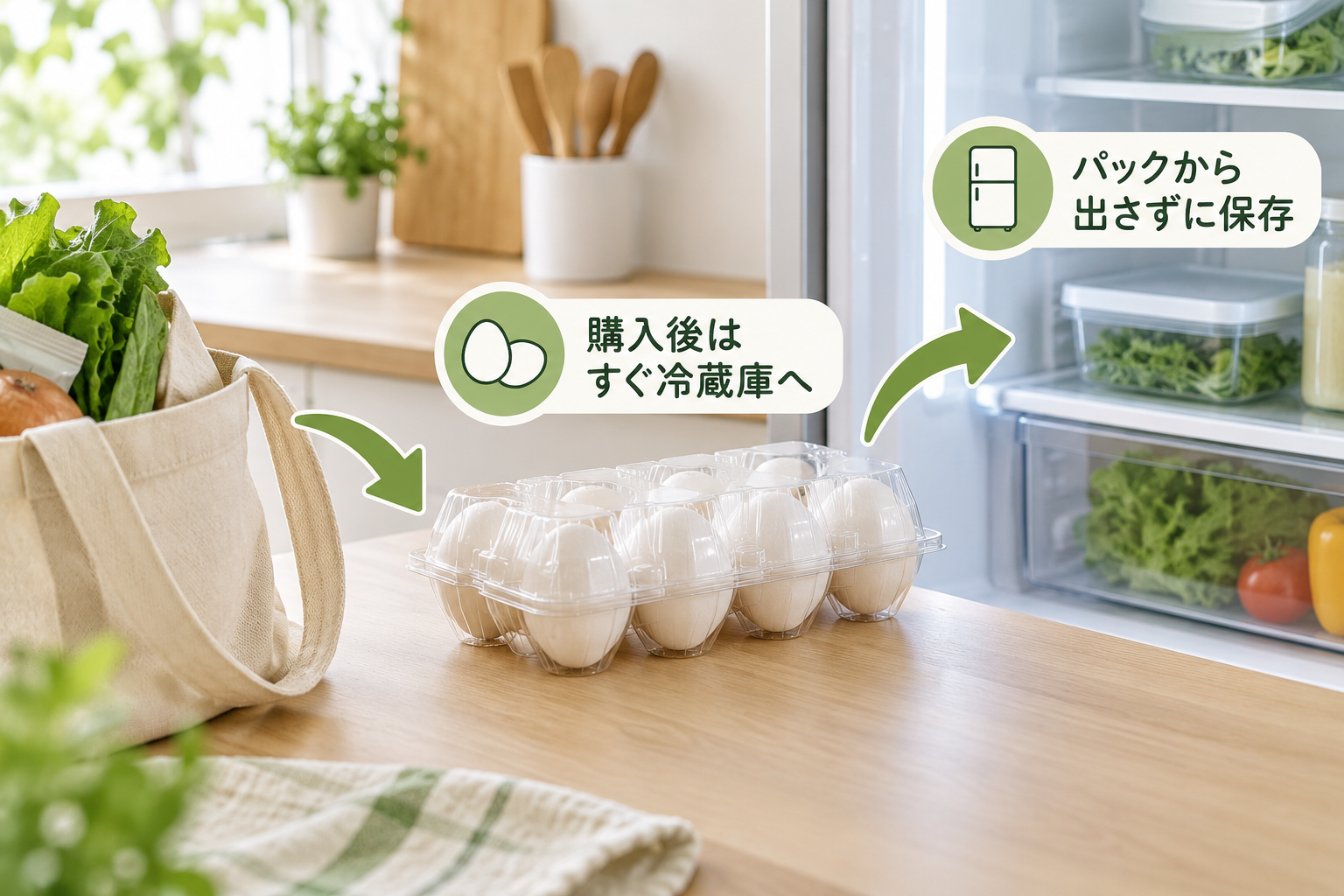購入した卵をパックから出さずに冷蔵庫へ入れる手順