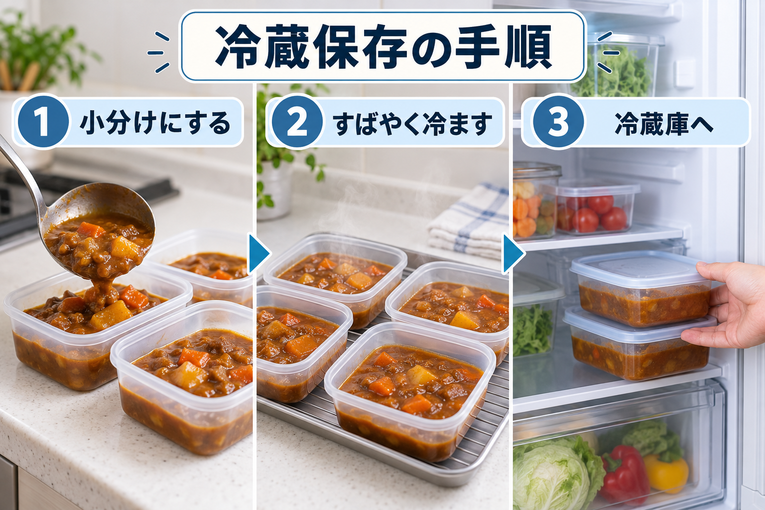 カレーを小分けして素早く冷まし冷蔵庫へ入れる保存手順