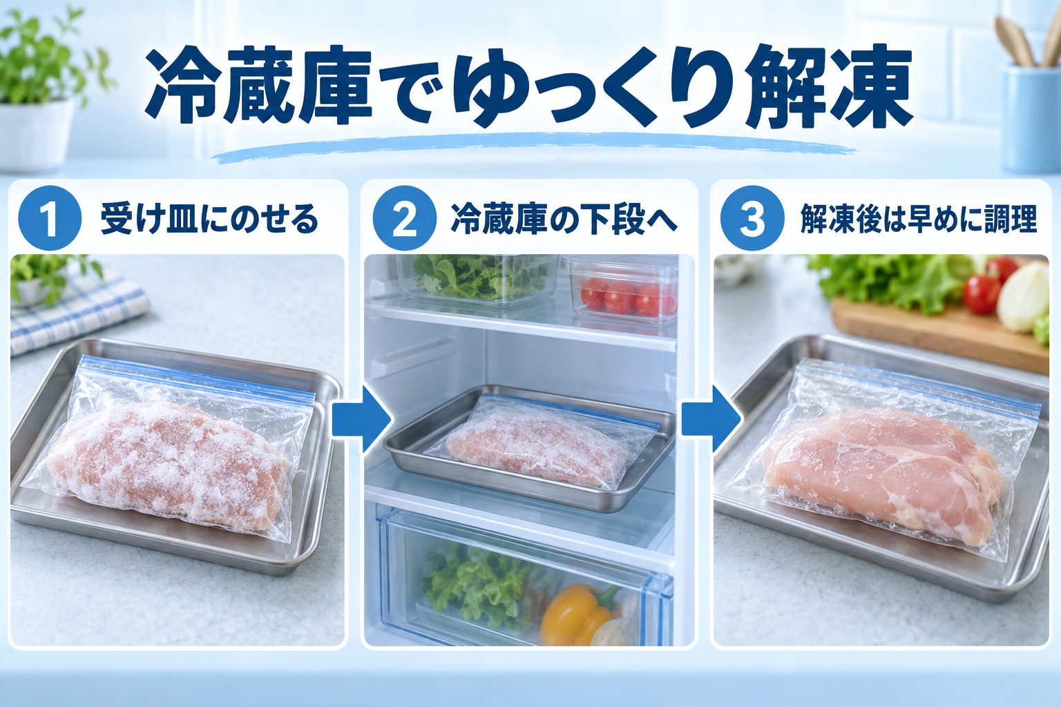 冷凍食品を受け皿に載せ冷蔵庫の下段でゆっくり解凍する手順